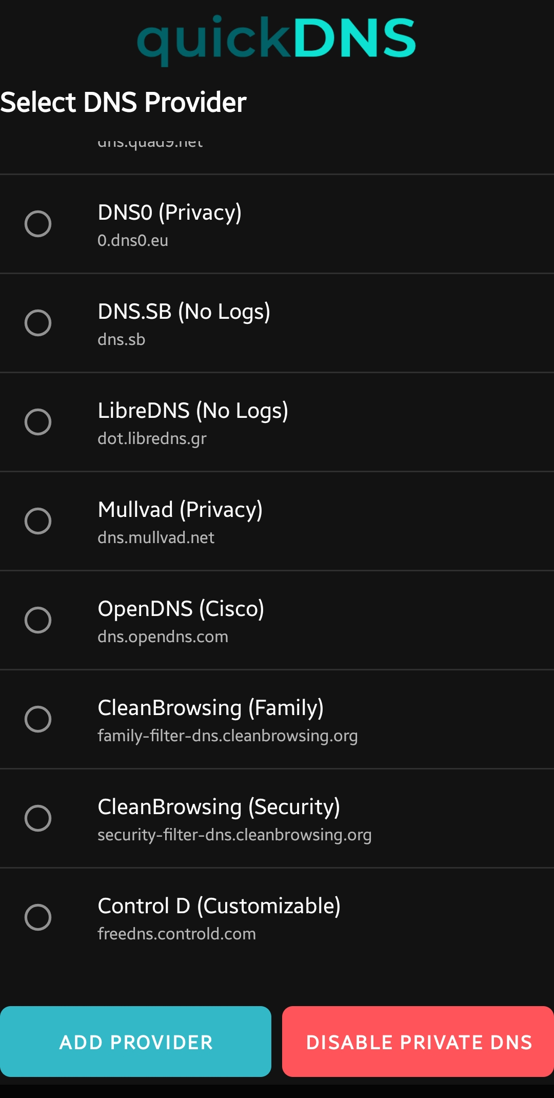 Provider selection with disable option