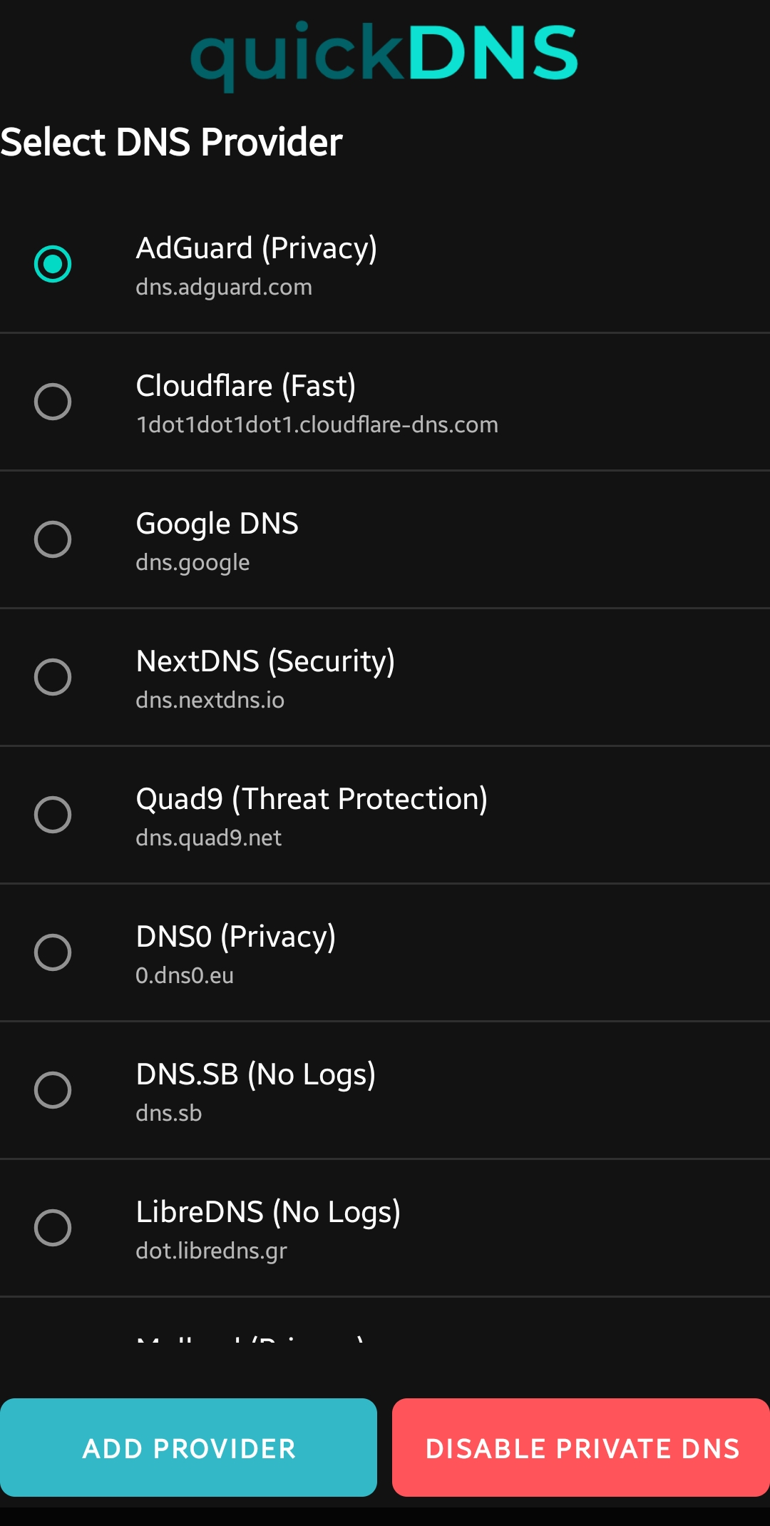 Provider list in quickDNS